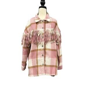 Umgee Women’s Pink Plaid Fringe Shacket Shirt Jacket Boho Western Cozy Size M